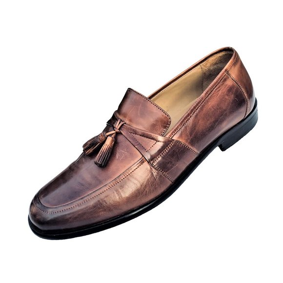 Johnston & Murphy Cognac Brown Leather Kiltie Tassel Loafers Sleek Shoes Sz 12 M - Picture 2 of 4